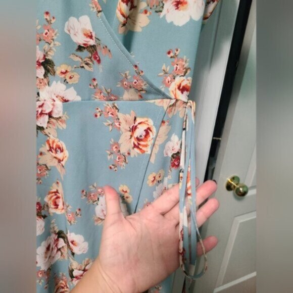 Lord & Taylor Blue Floral Wrap Side Tie Flutter Ruffle Cap Sleeve Mini Dress XS - Picture 8 of 16